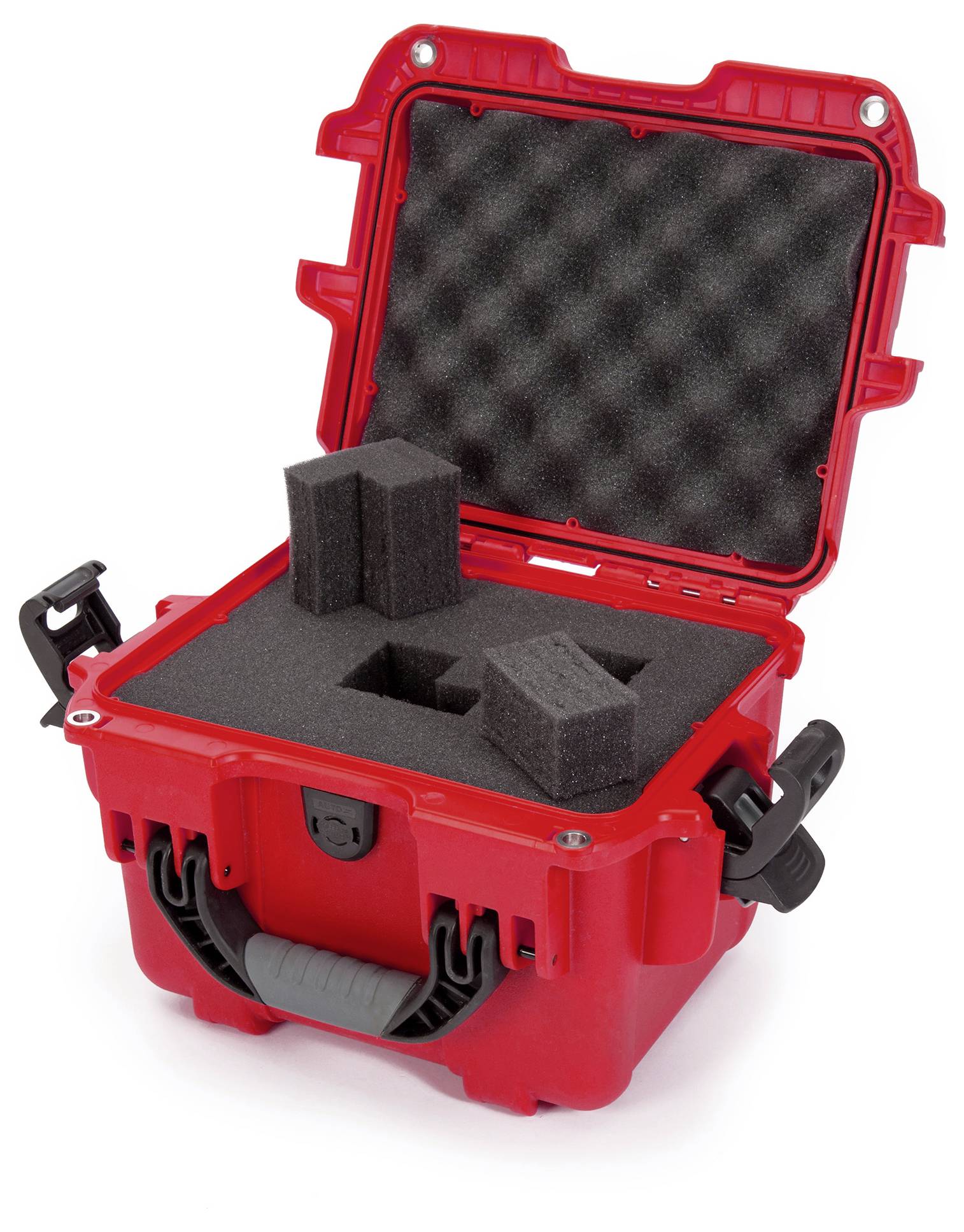 Red foam storage case, opened, with compartments for secure storage of sensitive equipment. Contains black foam inserts.