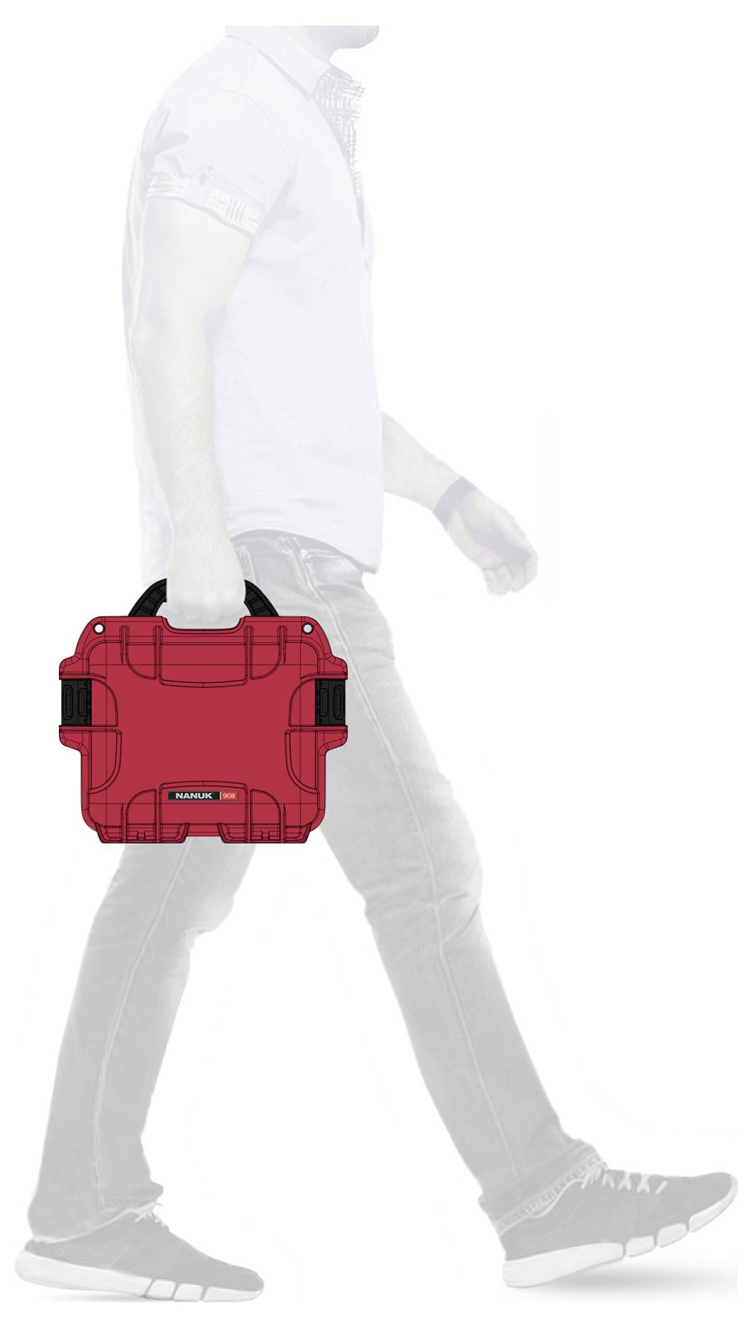 A person is carrying a red suitcase; the person is partially obscured, with the focus on the suitcase.
