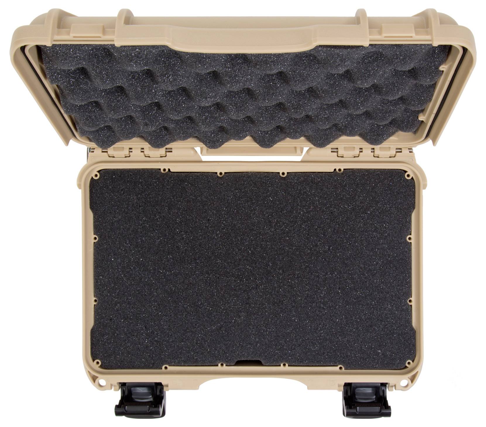 An open, beige suitcase with black foam interior. The foam has a structured surface for secure storage.