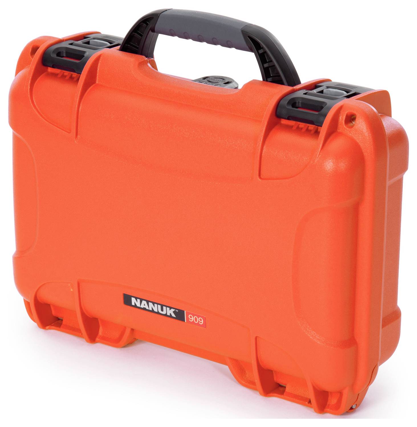 A bright orange, robust suitcase with 'Nanuk 909' printed on it, featuring an ergonomic handle and sturdy locks.