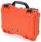 A bright orange, robust suitcase with 'Nanuk 909' printed on it, featuring an ergonomic handle and sturdy locks.