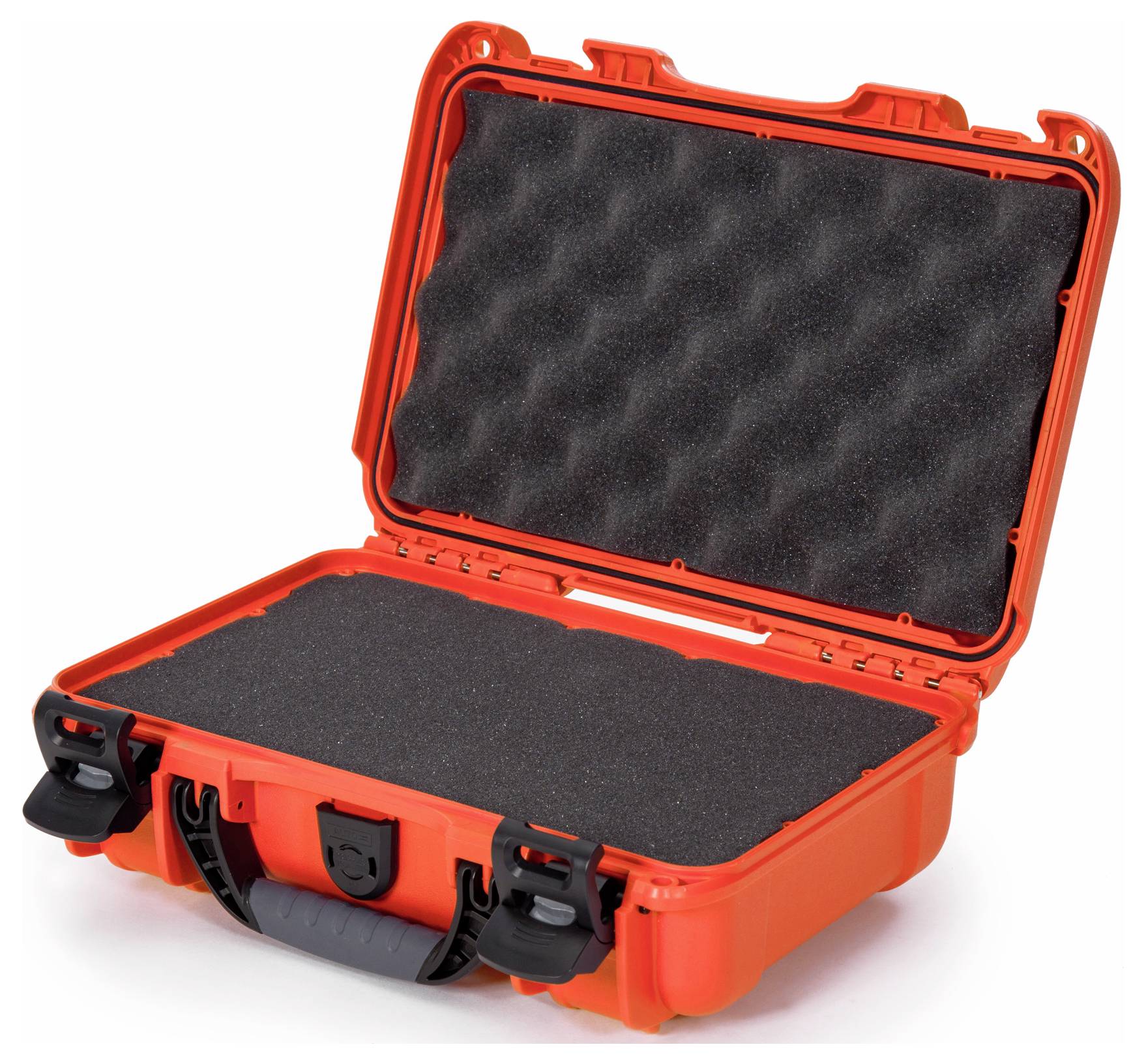 An open red suitcase with black foam interior, suitable for the secure transportation of delicate items.