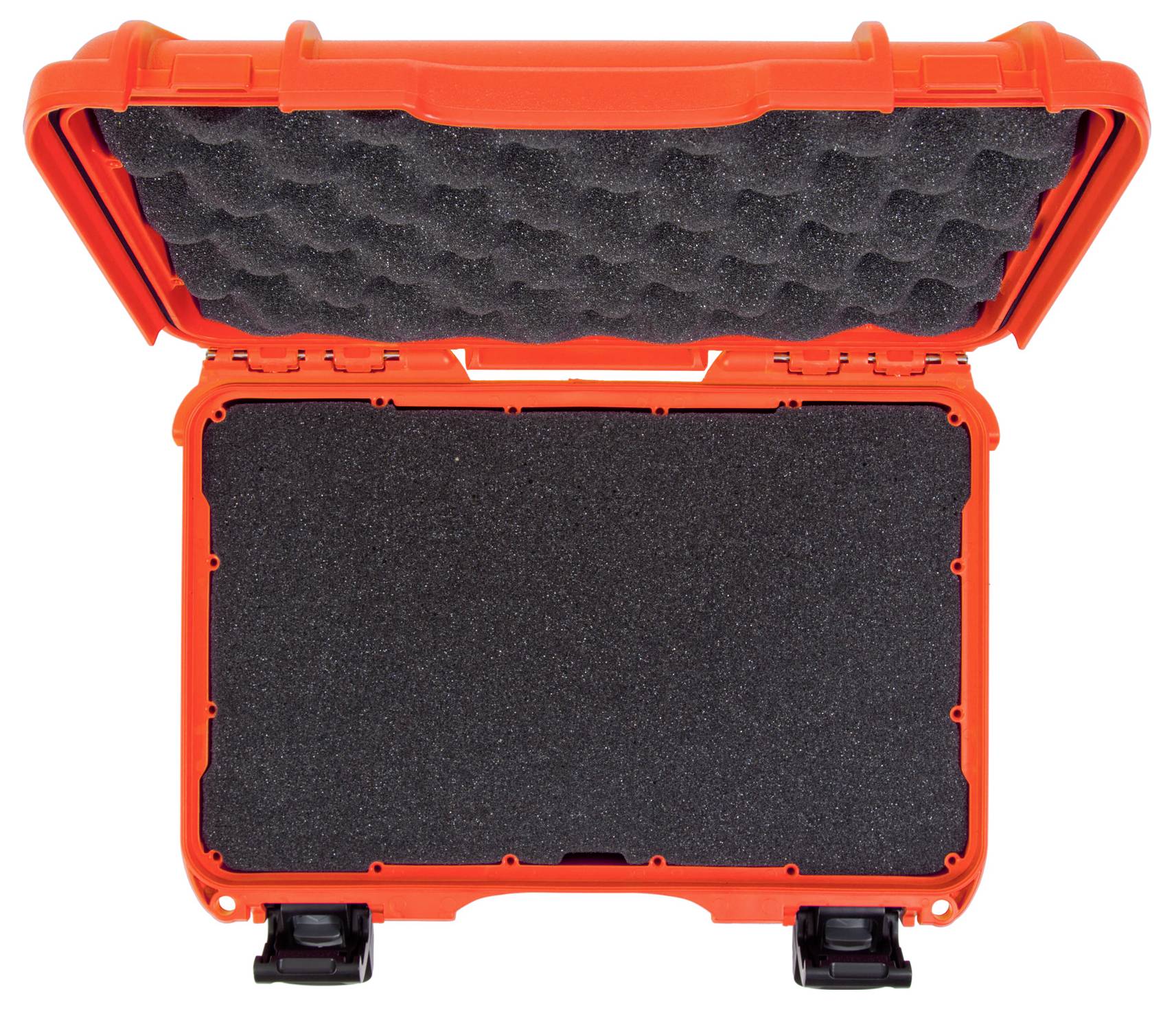 An open, bright orange case lined with black foam, ready for the safe transportation of delicate items.