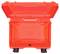 An open, bright orange suitcase with a robust plastic casing and two snap locks, set against a white background.