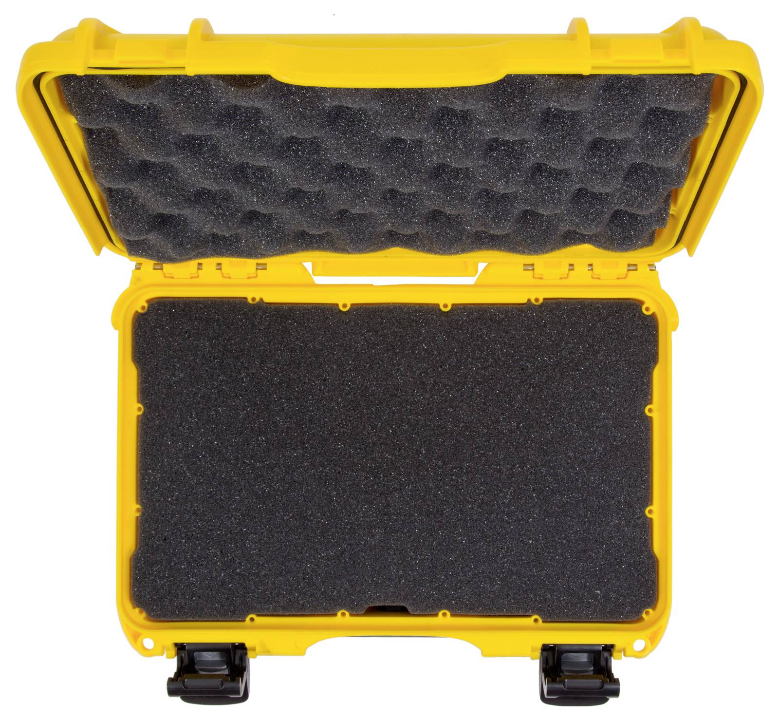 An opened yellow protective case with black foam, suitable for the safe transportation of delicate equipment.