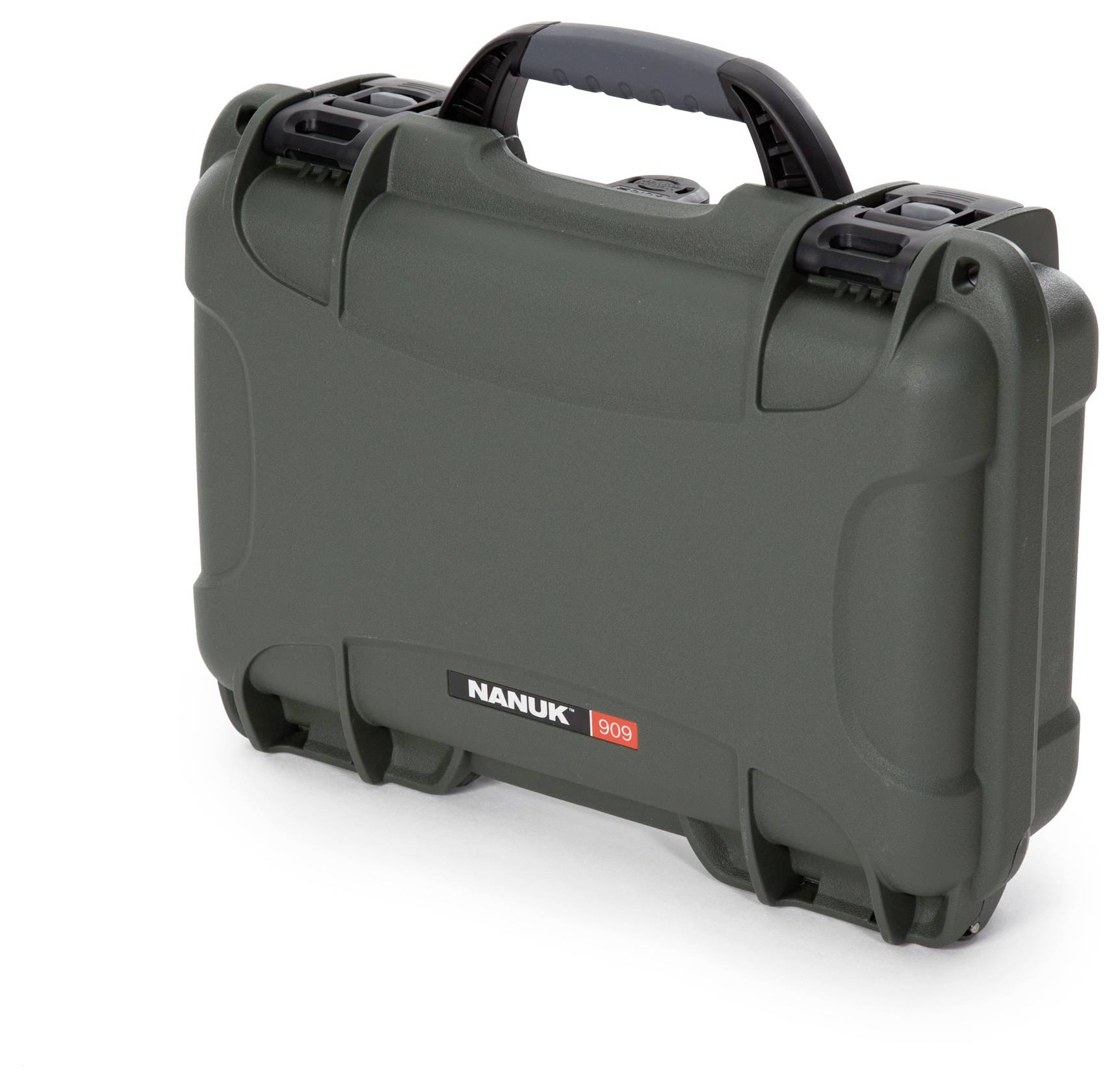 A dark green 'Nanuk 909' suitcase with a black handle, locked, with no visible brands or decorations.