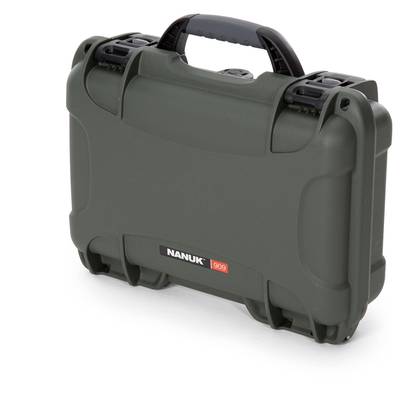 A dark green 'Nanuk 909' suitcase with a black handle, locked, with no visible brands or decorations.