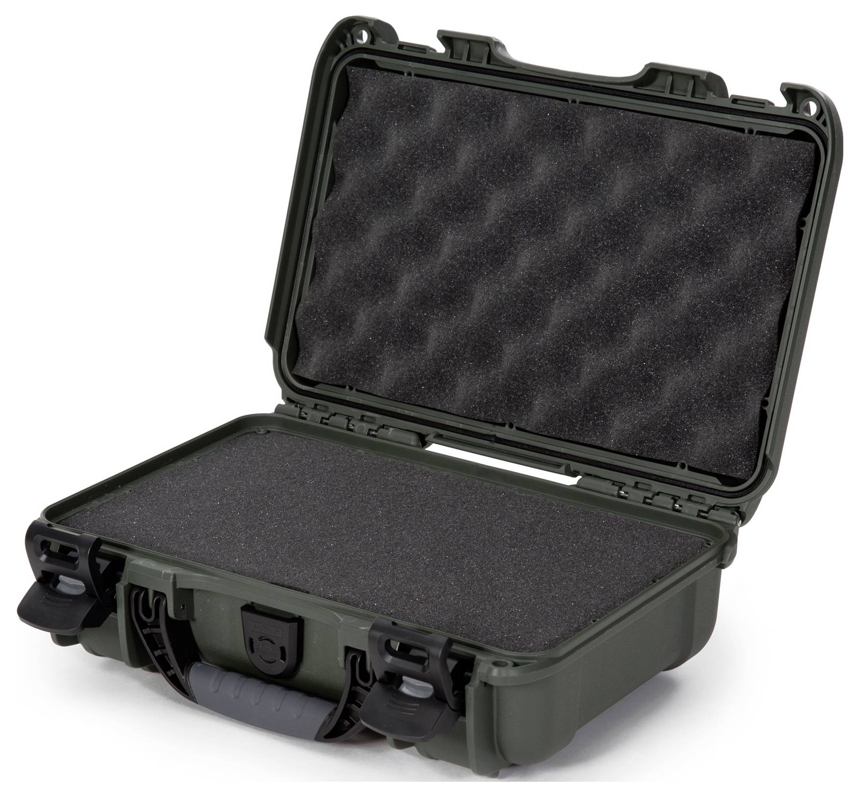 A robust, empty black protective case with foam lining, suitable for the secure transportation of delicate items.