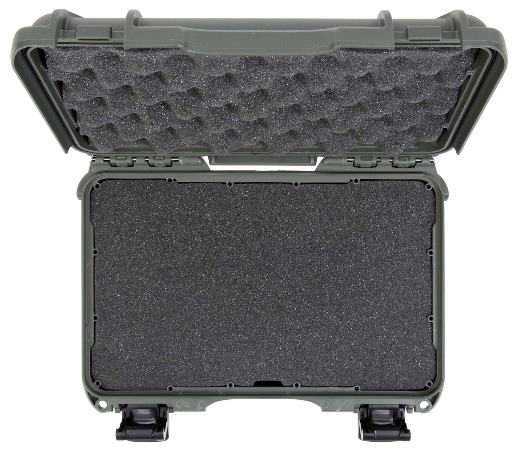Open, empty green hard-shell suitcase with black foam lining.