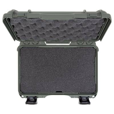 Open, empty green hard-shell suitcase with black foam lining.