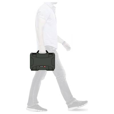 A man wearing jeans and trainers is holding a green suitcase. The focus is on the suitcase, with the rest of the image fading into the background.