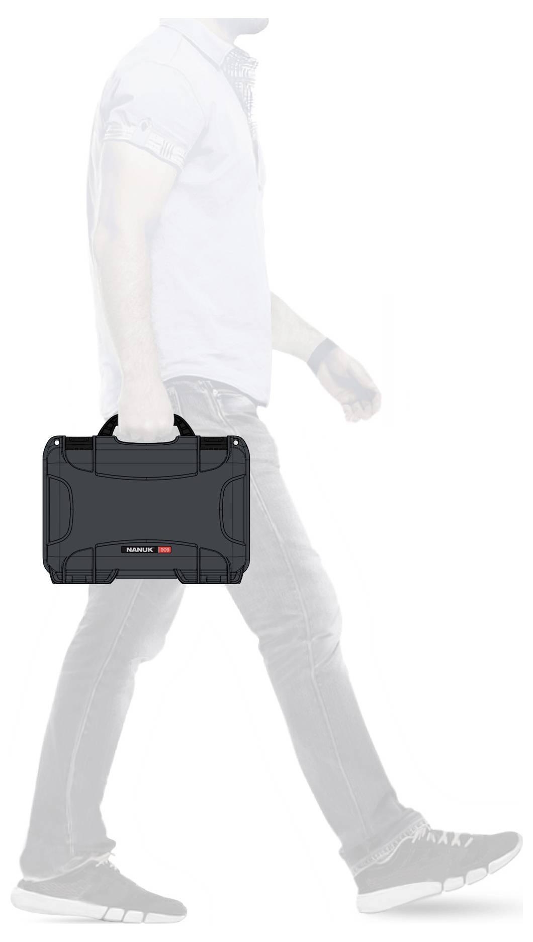 A person is carrying a black suitcase in their right hand, walking from left to right. Only the suitcase is clearly visible.