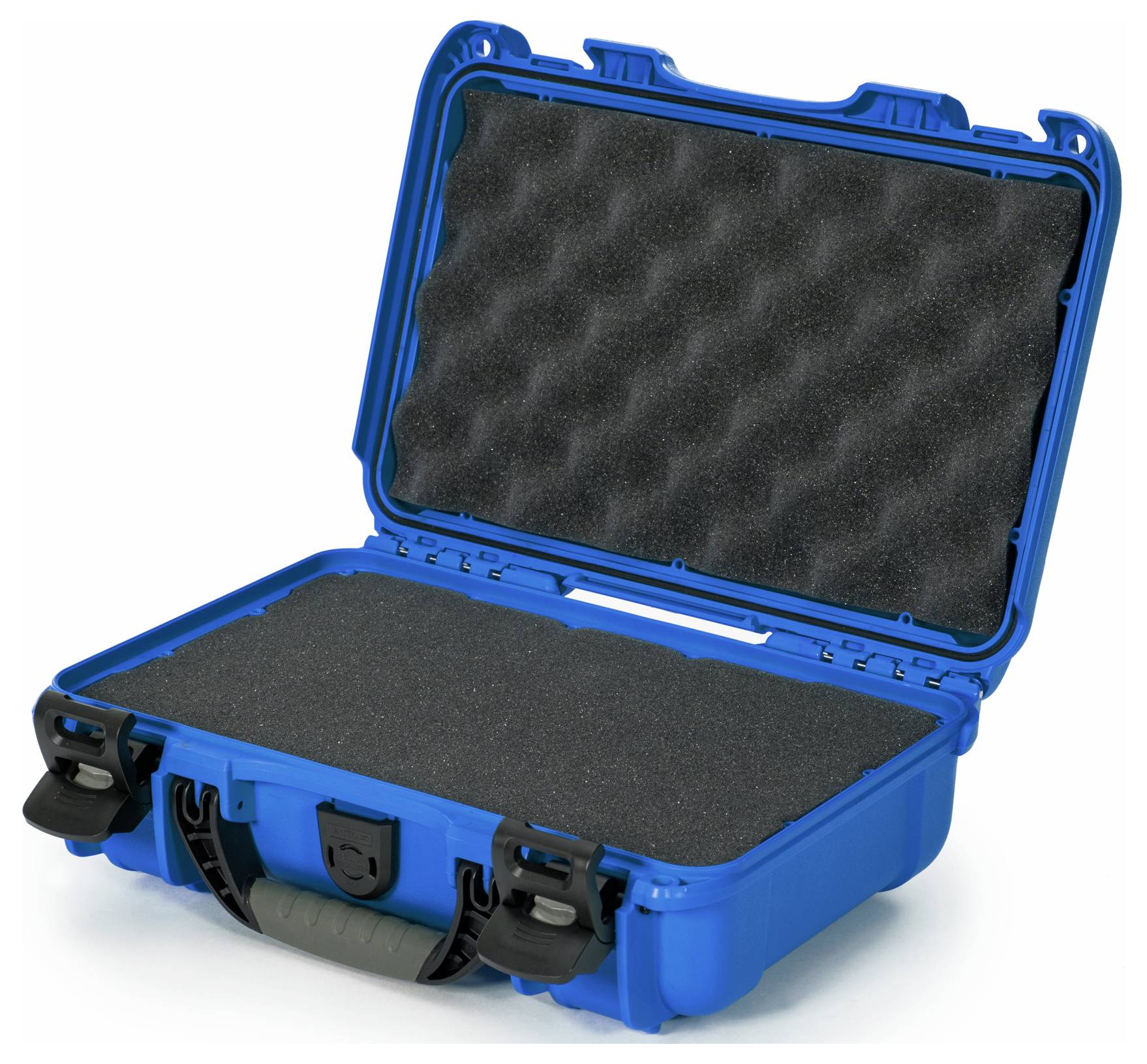 Blue protective case with open lid and black foam lining, suitable for transporting delicate equipment.
