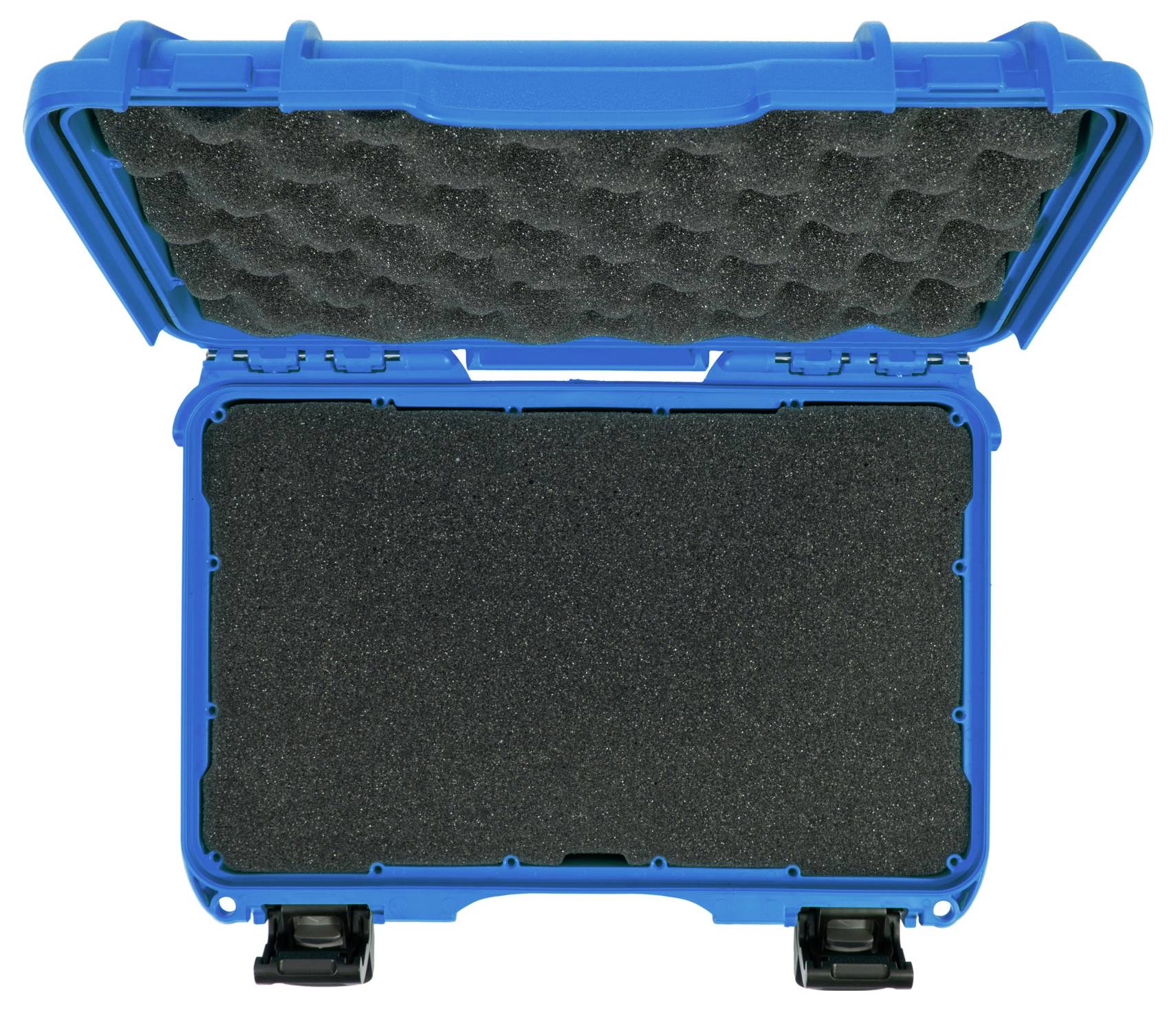Blue, open suitcase with black foam padding inside.