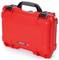 A red, robust protective case by Nanuk with a black handle, suitable for the secure transportation of delicate equipment or tools.