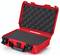 An open, red hard-shell case with a black foam interior, designed to protect delicate items.