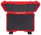 A red, open hard-shell suitcase with black foam padding inside.