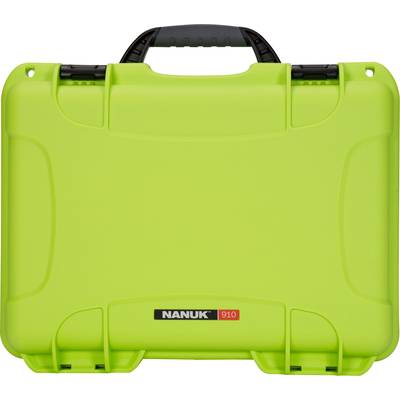 Green, robust suitcase with carrying handle, brand 'Nanuk 910', suitable for the secure transport of delicate items.