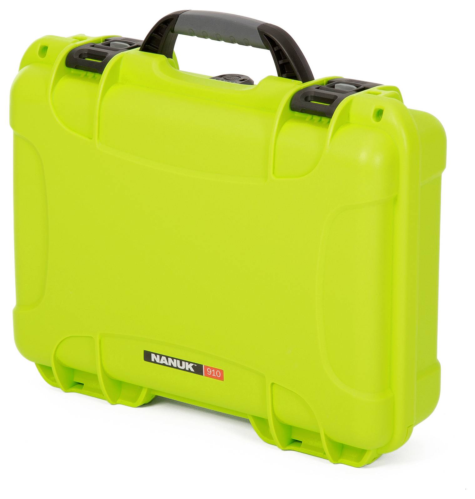 A green protective case with a handle and security locks, suitable for the safe transportation of delicate equipment.