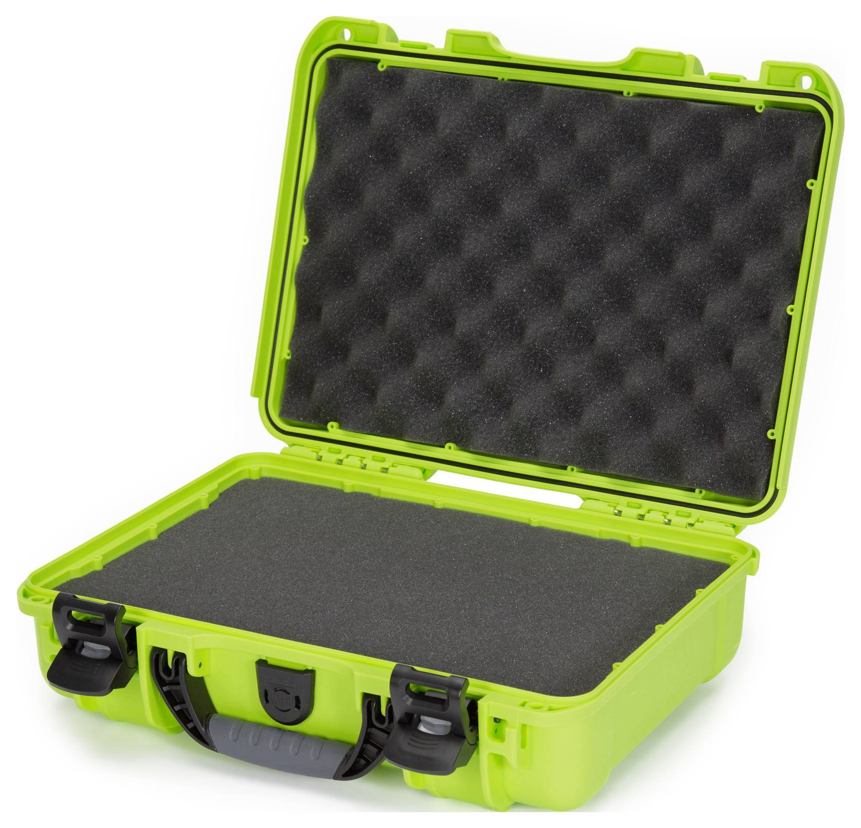 Open, green, shock-resistant case with foam lining for secure storage of delicate items.