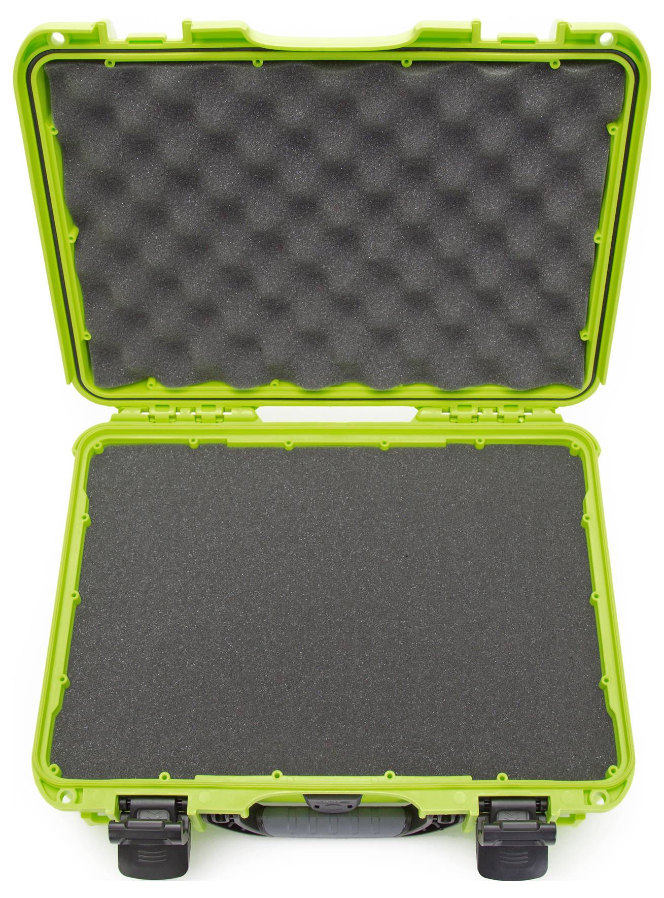 Green, open hard-shell case with black foam-lined interior. Ideal for protecting delicate equipment.