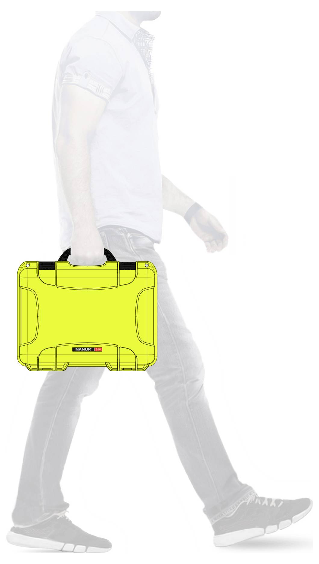 A person walks and carries a bright yellow, compact suitcase in their right hand.