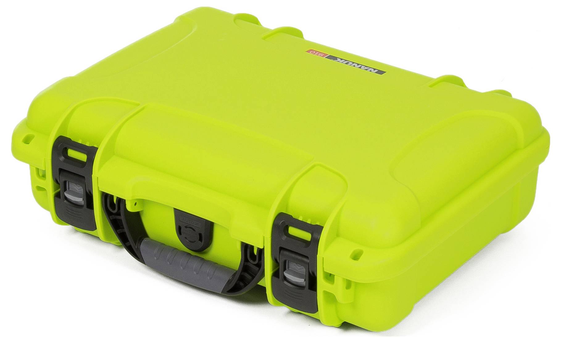 A neon-green, robust protective case with a black handle and locks, suitable for safely transporting delicate equipment.