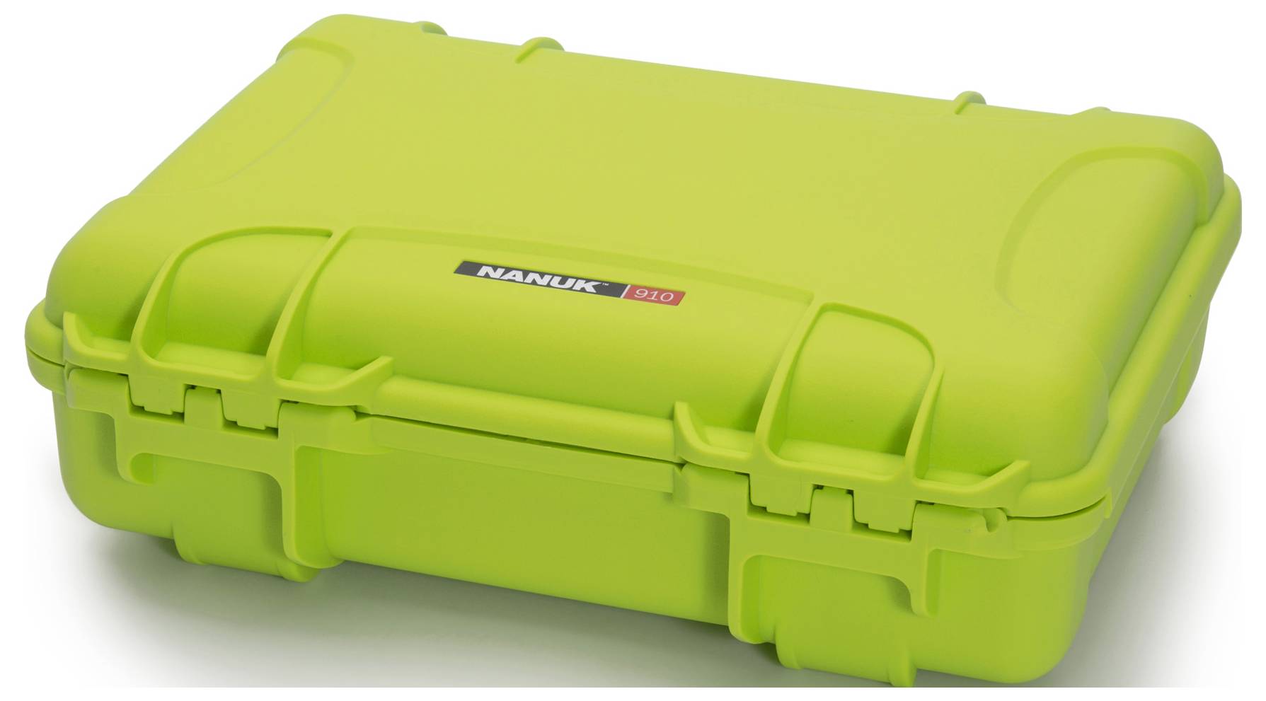 A bright green, robust Nanuk case with model number 910 on the label, perfect for securely transporting delicate items.