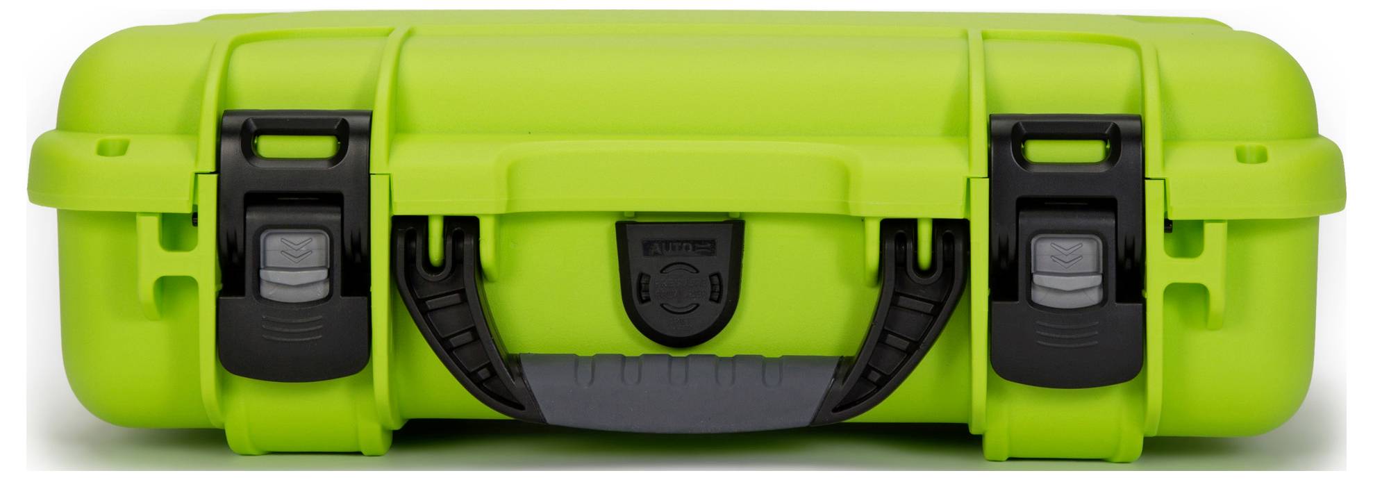 A bright green safety case with black locks and handles.