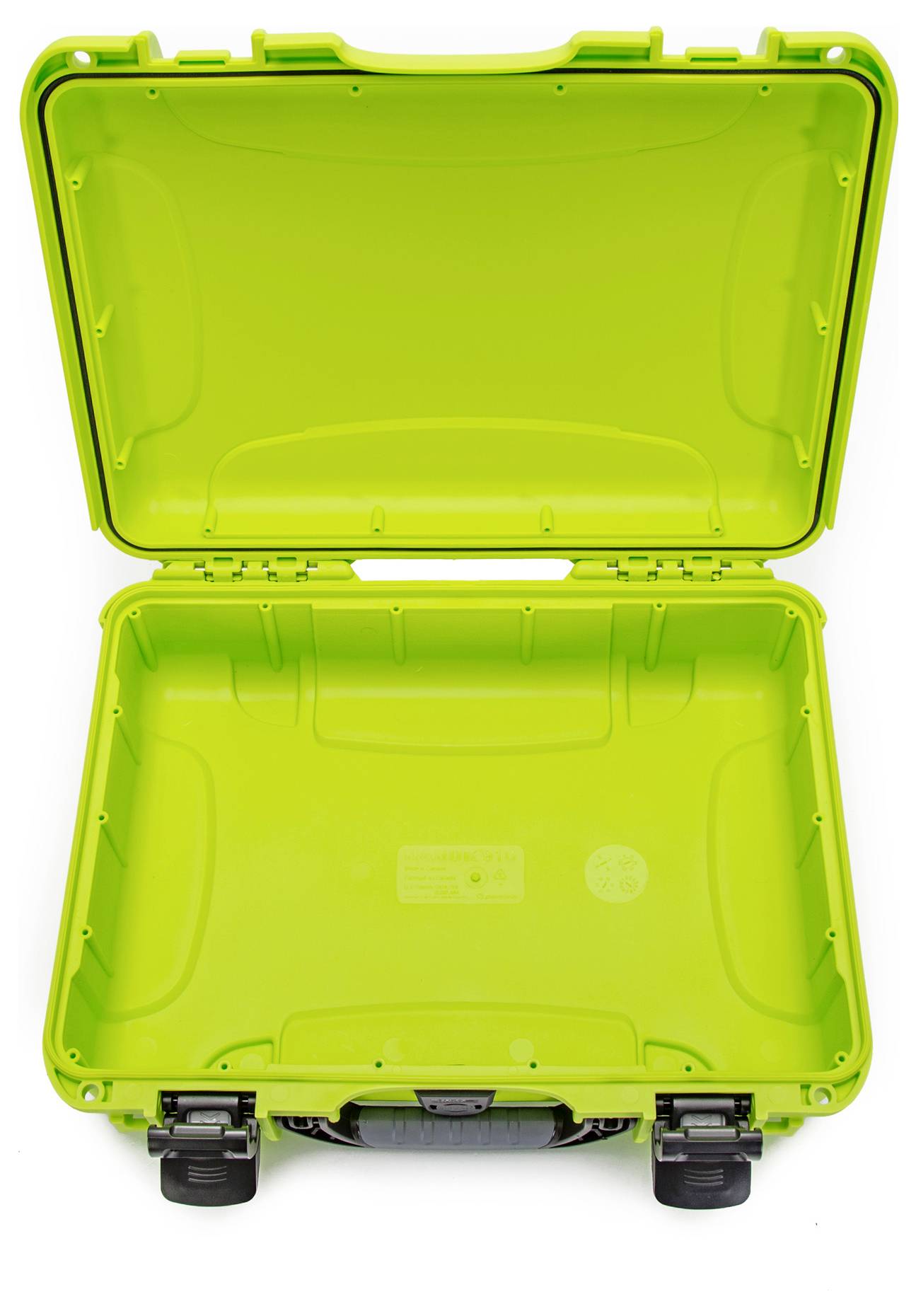 Open green protective case with robust locks, suitable for secure storage of sensitive equipment.