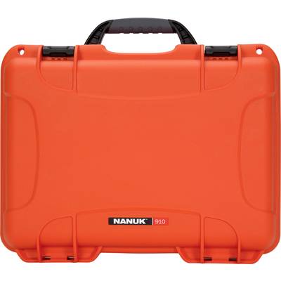 A bright orange protective case with the print 'NANUK 910', suitable for safely transporting delicate items.