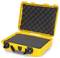 Yellow protective case with open lid, showing black foam lining. Robust and designed for secure transportation of delicate items.