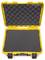 An open, yellow protective case with black foam interior, ready for storing or transporting delicate items.