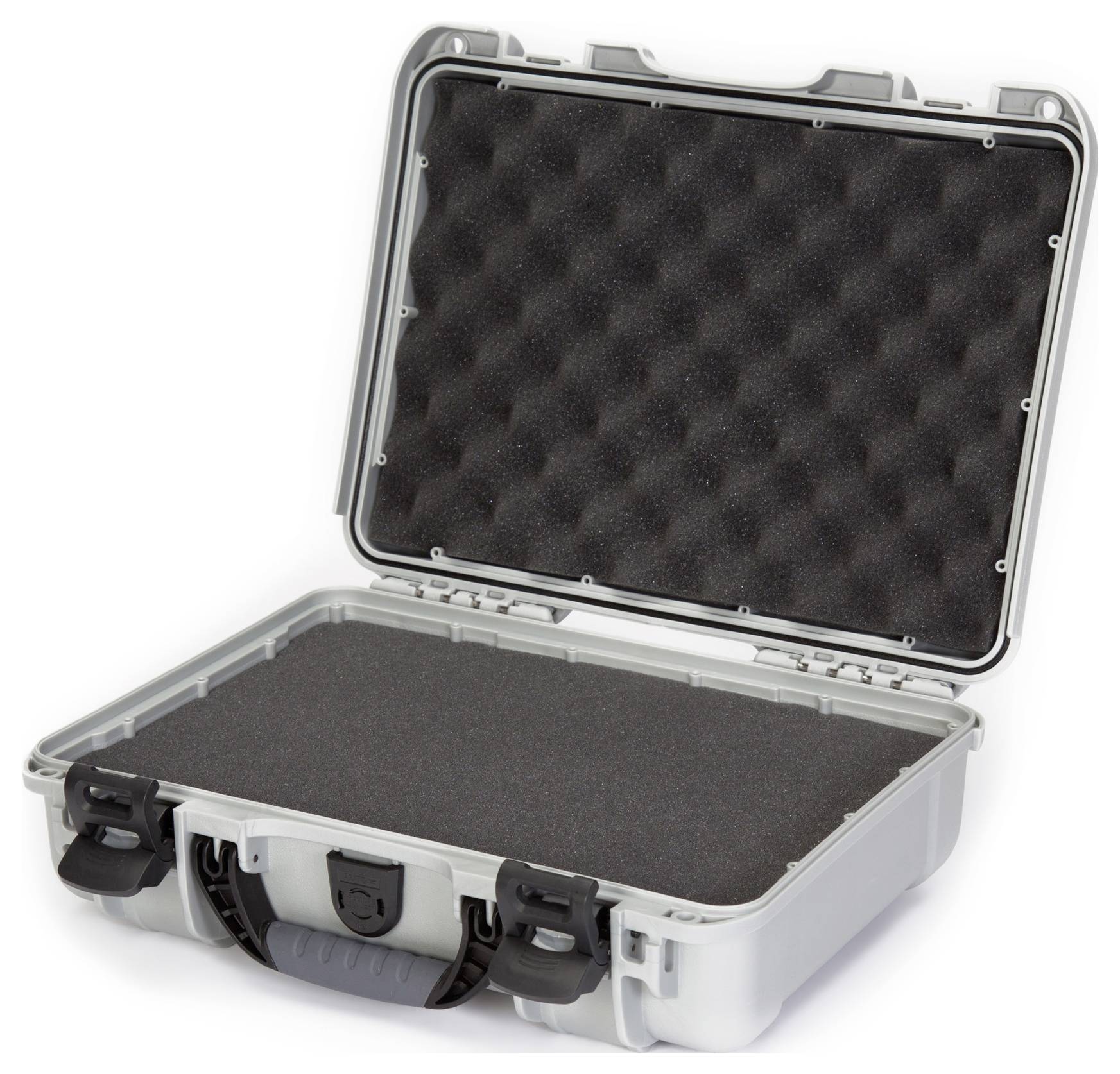 A grey plastic case with foam padding is open, revealing its empty interior. Suitable for the safe transportation of delicate items.