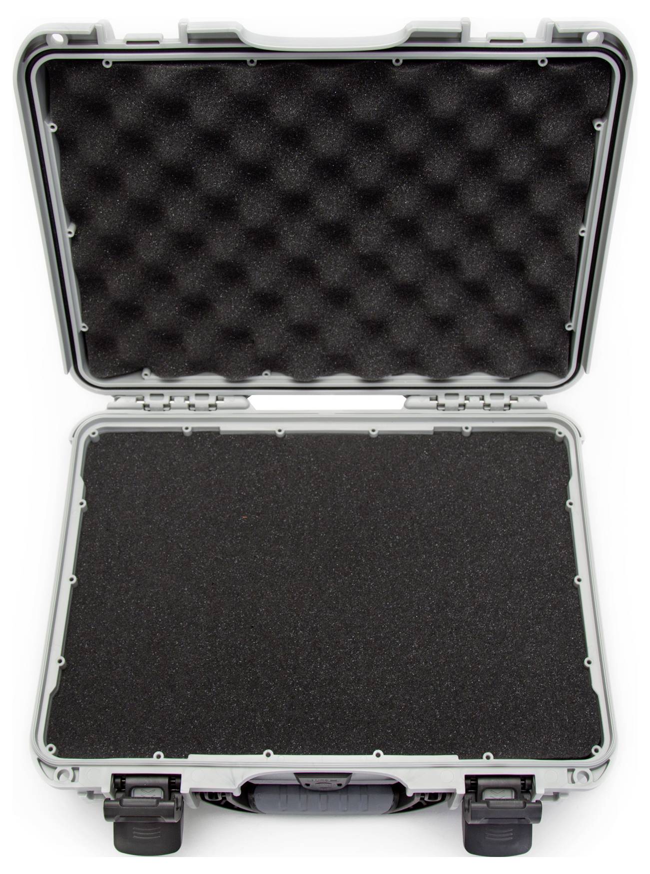 Silver transport case with an open lid and black foam interior, suitable for secure storage and transportation.