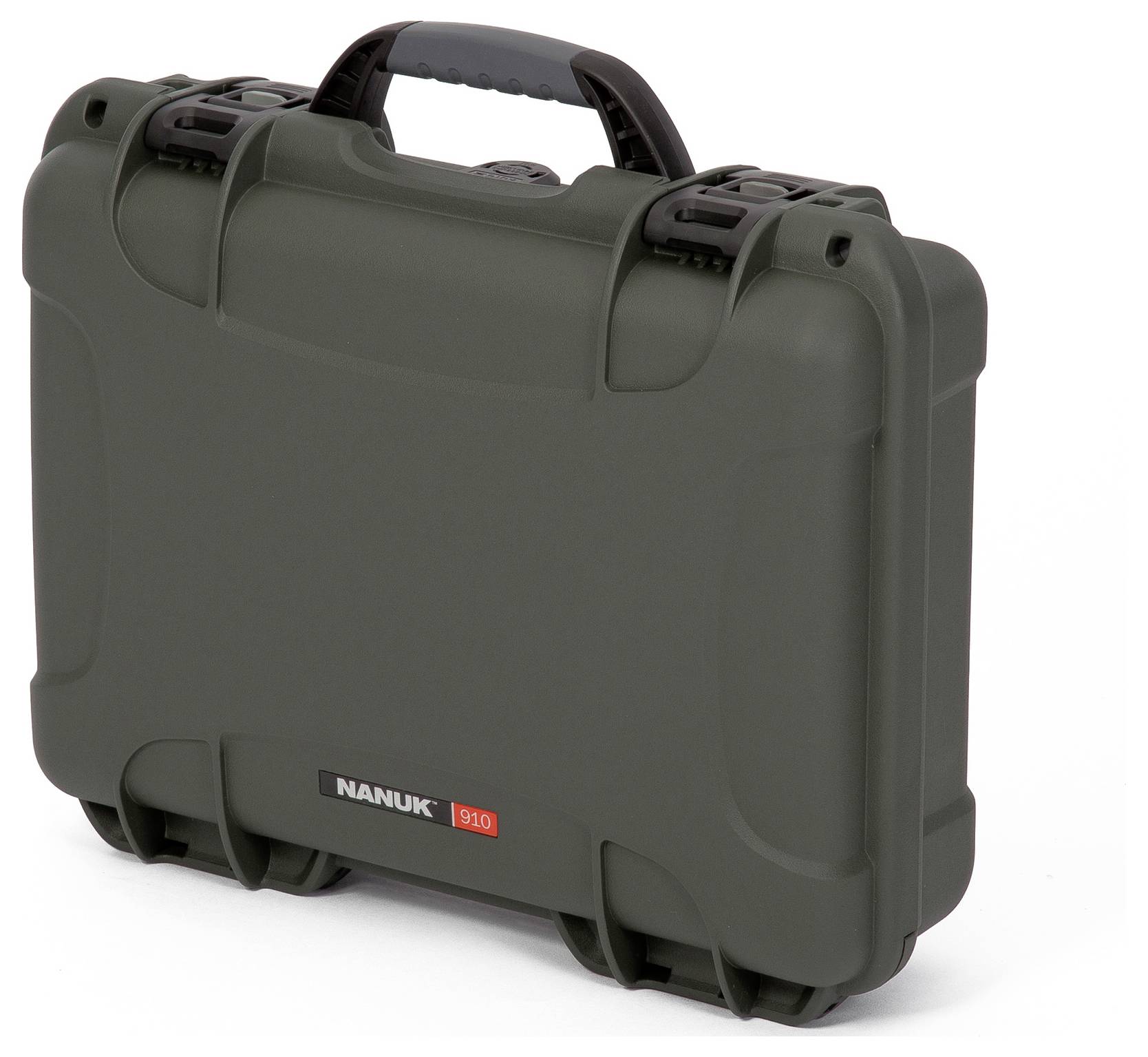 Green, robust transport case with a black handle, brand name 'NANUK' on the front side. Suitable for secure transportation.