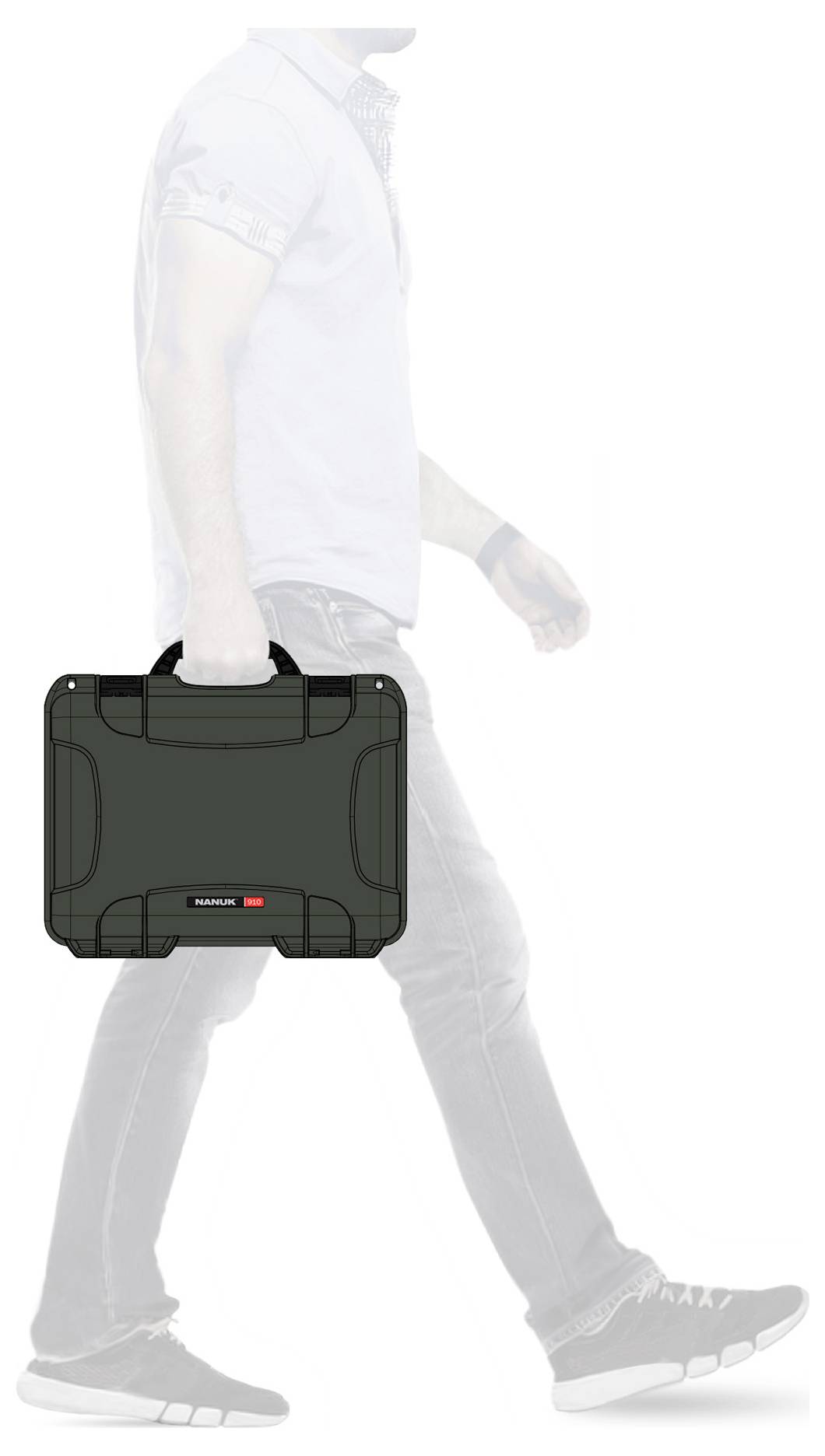 A person is carrying a black hard-shell suitcase in their right hand and walking to the left. The focus is on the suitcase.