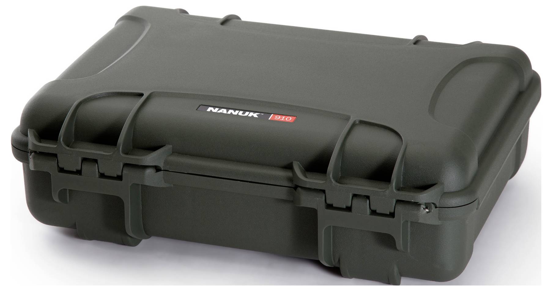 Black, robust hard-shell suitcase by "Nanuk" with reinforced corners and a label displaying the model number 910.