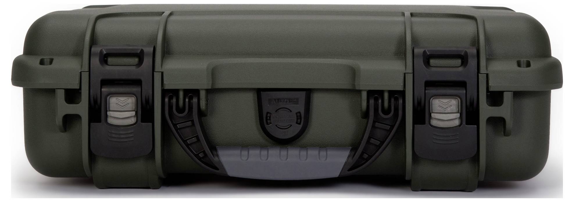 A robust, green transport case with black fastenings, standing on a white background. Suitable for the secure transportation of delicate items.