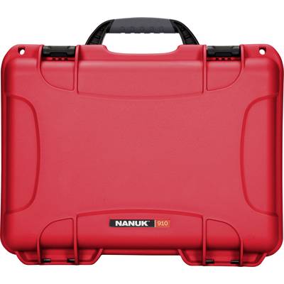 Red Nanuk case, sturdy with a black handle, standing upright.