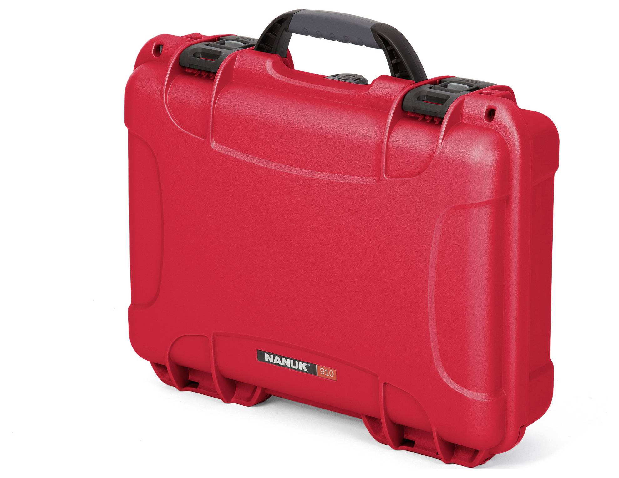 A red, robust hard-shell suitcase with a black handle and side latches. Label reads: 'Nanuk 910'.