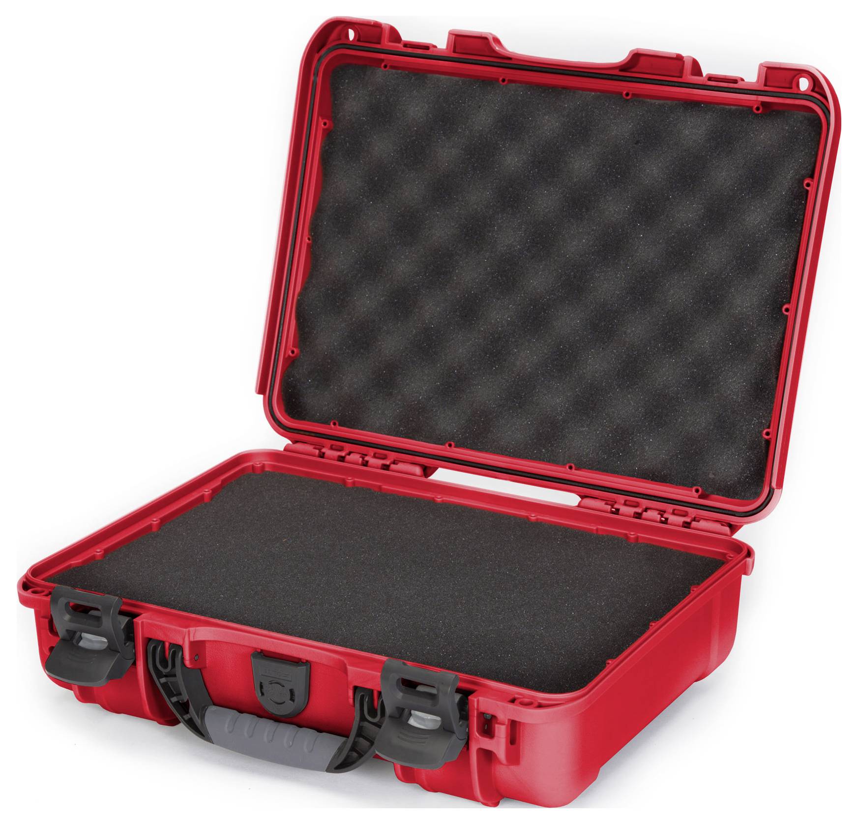 Red hard-shell suitcase with open lid, lined internally with black foam, suitable for securely transporting delicate items.