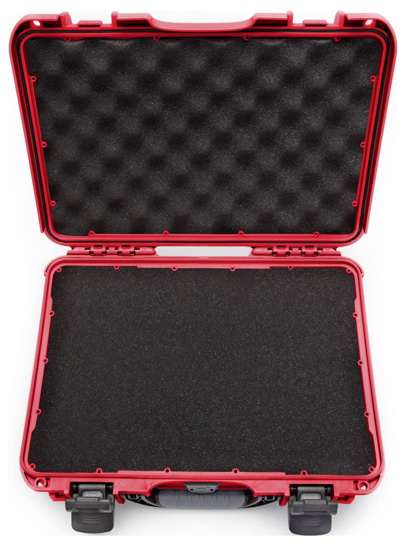 A red, opened hard-shell case with black foam lining, suitable for the safe transportation of delicate items.