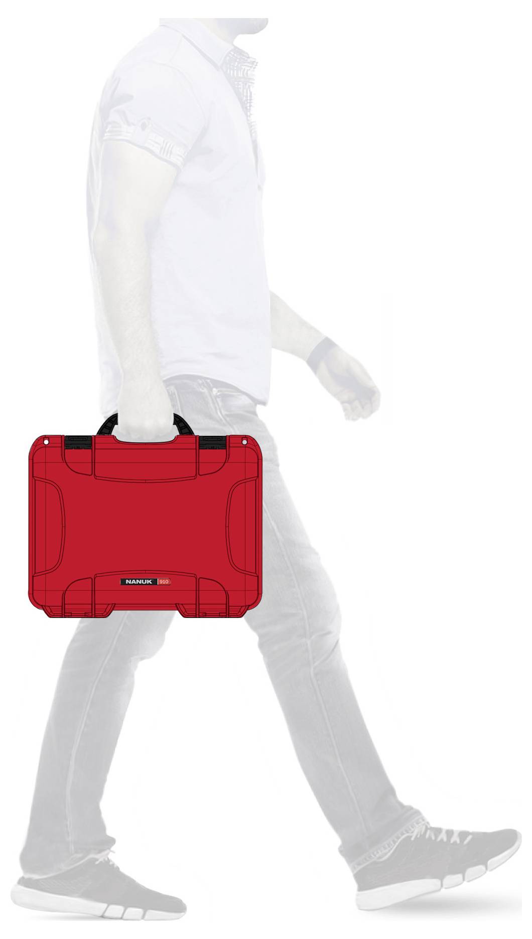 A man walks to the right and is holding a red suitcase in his left hand. The man is depicted in greyscale, with the suitcase highlighted in red.