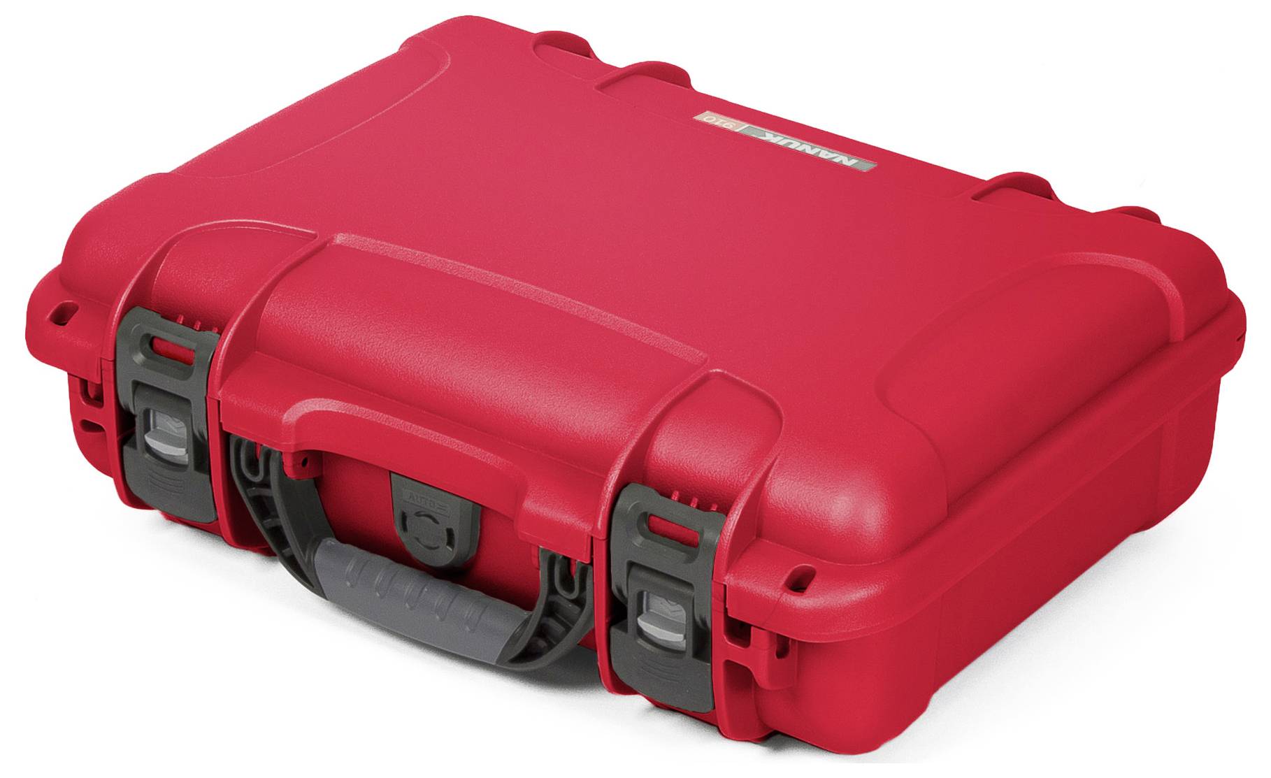 A red, robust protective case with a black handle and latches, suitable for the secure transportation of delicate items.