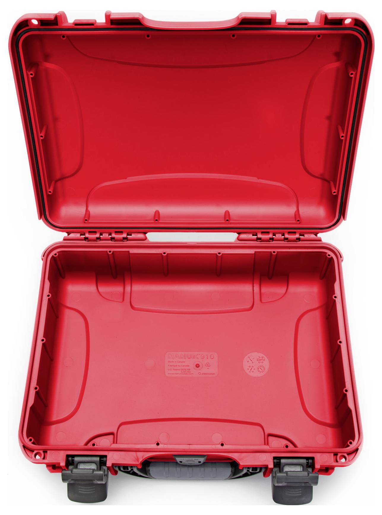 Red, open hard-shell plastic case with robust design and foam lining, suitable for securely transporting equipment.