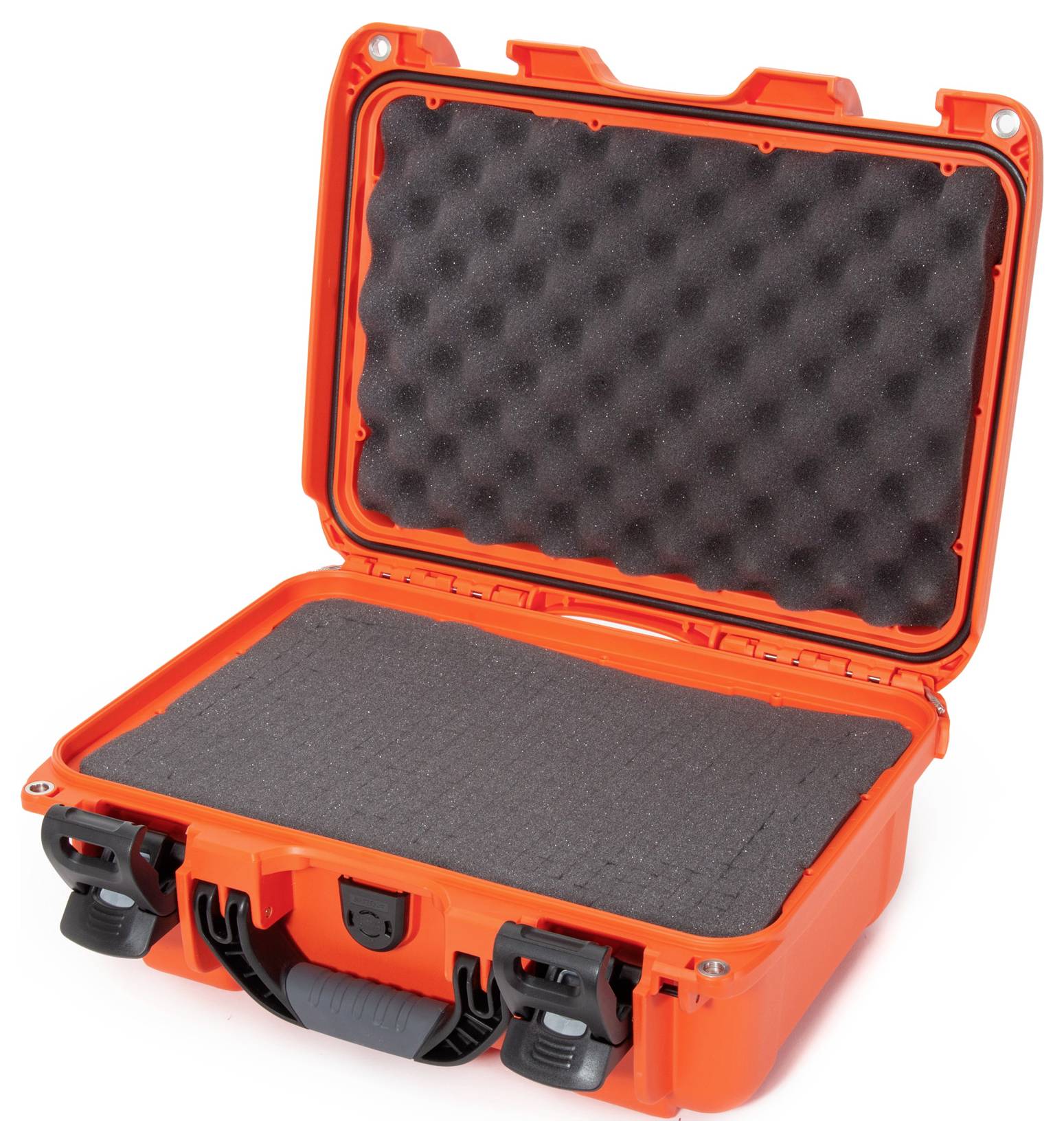 An opened, robust, orange suitcase with soft black padding inside, suitable for safely transporting delicate items.