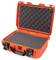 An opened, robust, orange suitcase with soft black padding inside, suitable for safely transporting delicate items.