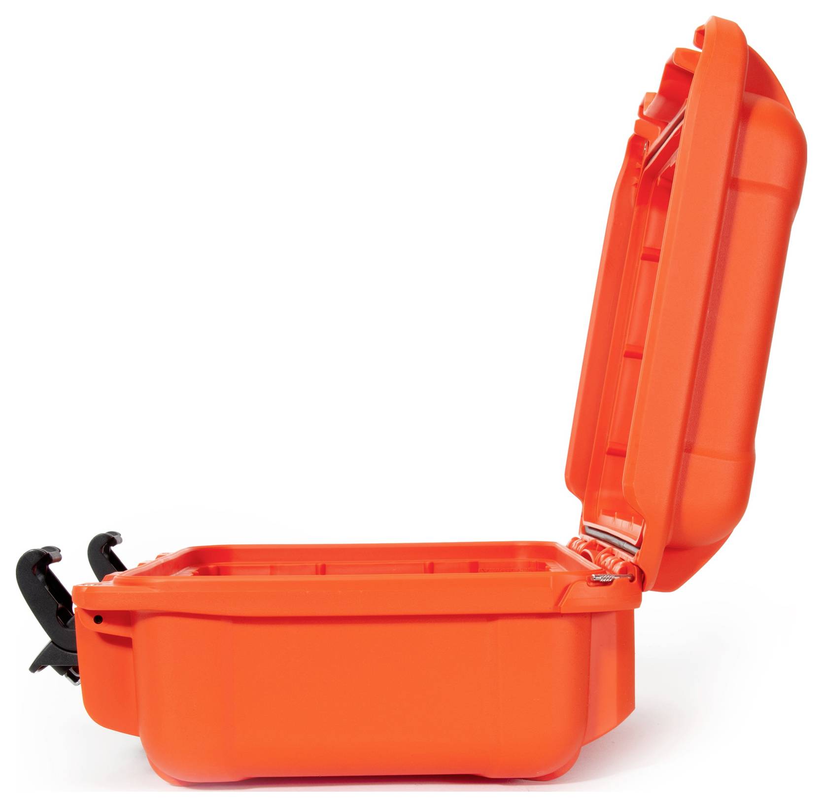 An orange protective case with a black lock, pictured from the side. Suitable for safely storing delicate items.