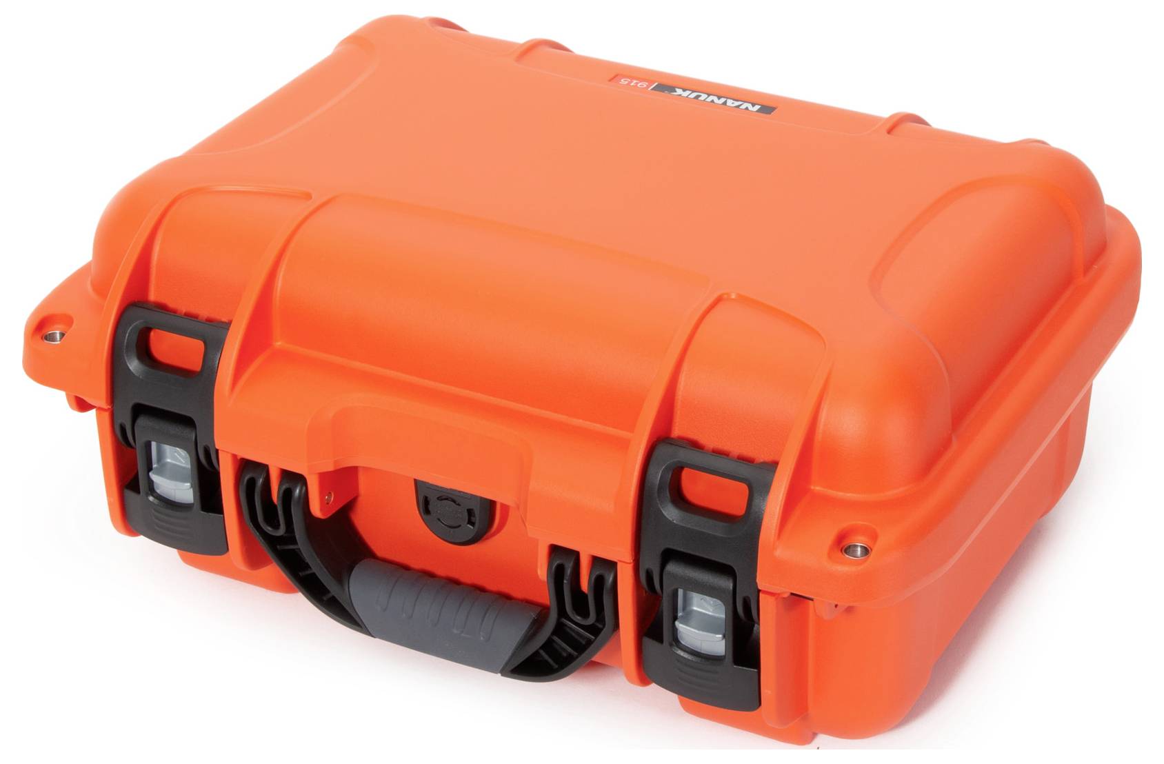 A robust, orange hard-shell suitcase with locks and carry handle, suitable for secure transport and storage.